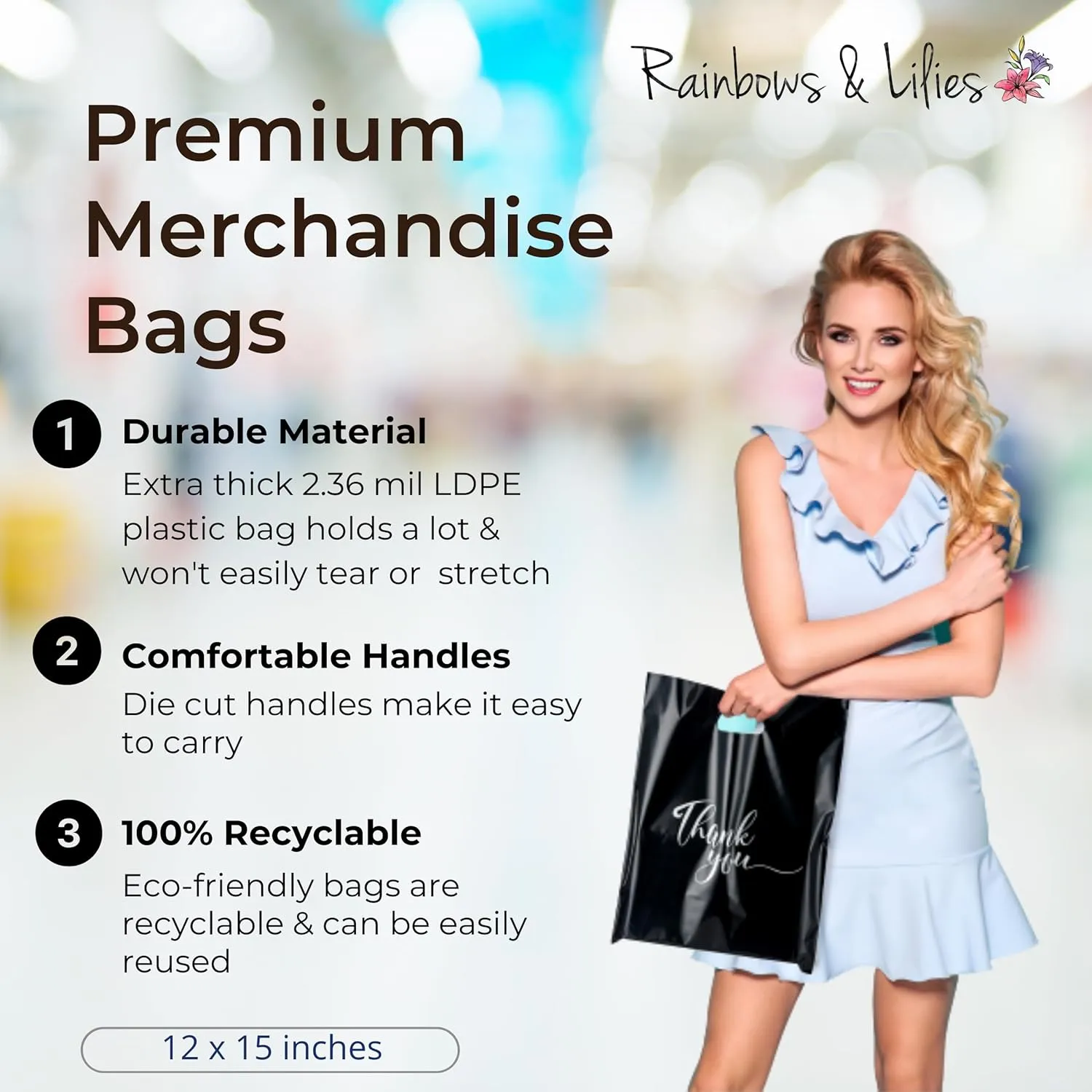 Rainbows & Lilies 100 Thank You Plastic Bags with Handles - 12"W x 15"H Thick Reusable Bulk Shopping Bags for Small Business, Retail, Boutique, Merchandise, Clothes, Gifts, Goodie Party Favors (Black)