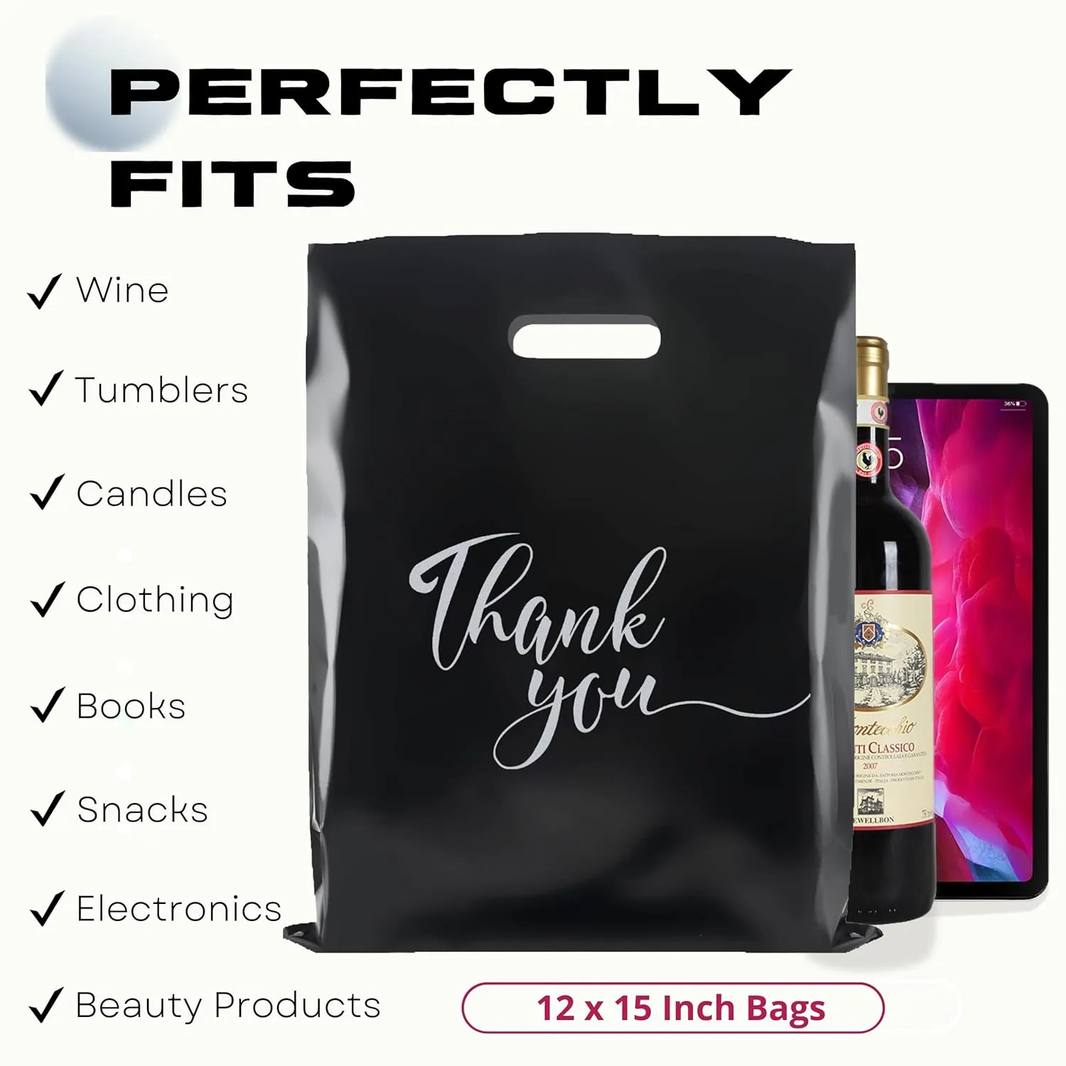 Rainbows & Lilies 100 Thank You Plastic Bags with Handles - 12"W x 15"H Thick Reusable Bulk Shopping Bags for Small Business, Retail, Boutique, Merchandise, Clothes, Gifts, Goodie Party Favors (Black)