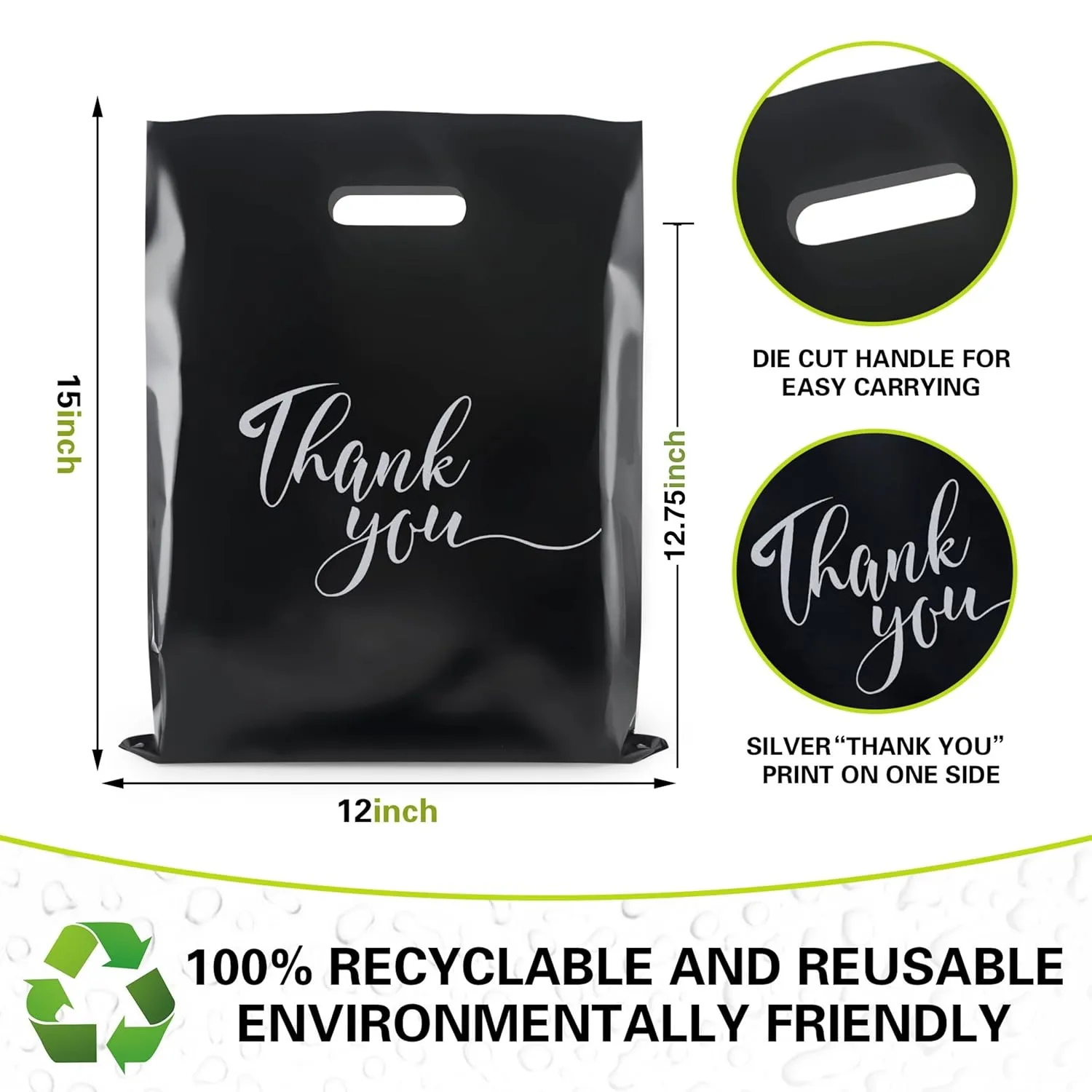 Rainbows & Lilies 100 Thank You Plastic Bags with Handles - 12"W x 15"H Thick Reusable Bulk Shopping Bags for Small Business, Retail, Boutique, Merchandise, Clothes, Gifts, Goodie Party Favors (Black)