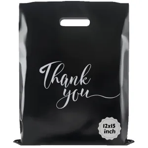 Rainbows & Lilies 100 Thank You Plastic Bags with Handles - 12"W x 15"H Thick Reusable Bulk Shopping Bags for Small Business, Retail, Boutique, Merchandise, Clothes, Gifts, Goodie Party Favors (Black)