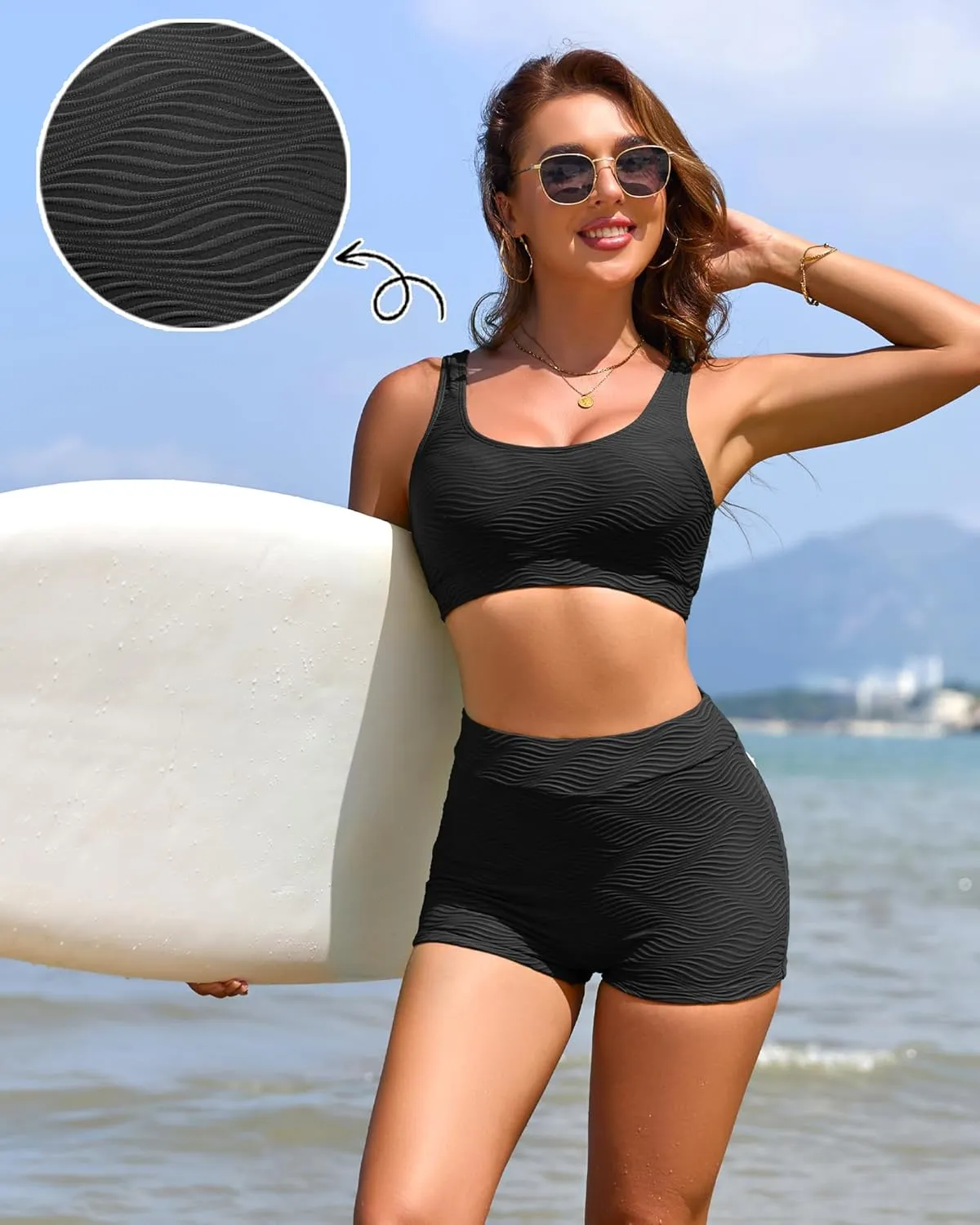 Ribbed Two Piece Swimsuit for Women High Waisted Bikini Sets Tummy Control Bathing Suits Boy Shorts Bottom