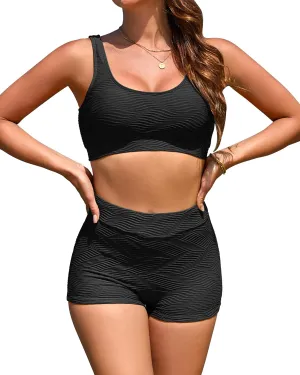Ribbed Two Piece Swimsuit for Women High Waisted Bikini Sets Tummy Control Bathing Suits Boy Shorts Bottom