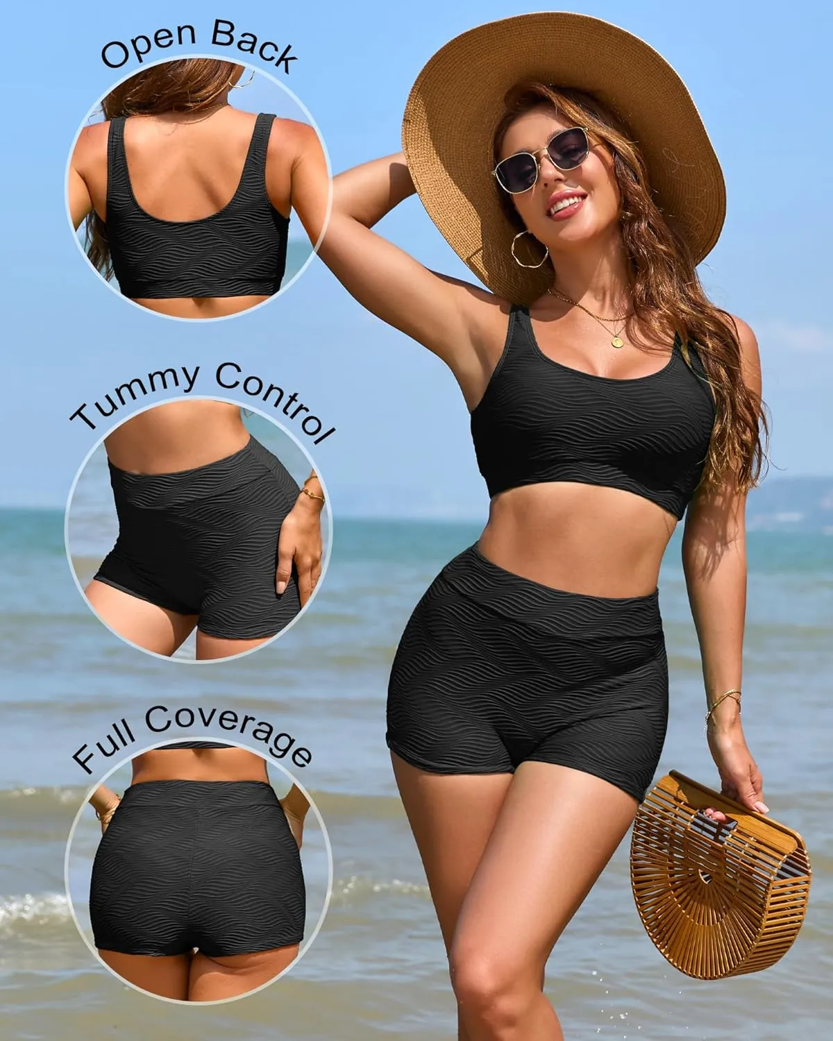 Ribbed Two Piece Swimsuit for Women High Waisted Bikini Sets Tummy Control Bathing Suits Boy Shorts Bottom
