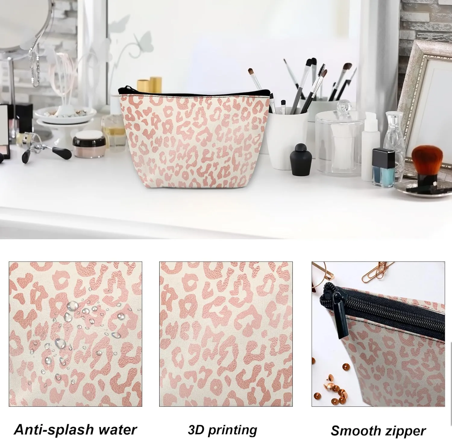 Rose Gold Leopard Makeup Bag for Purse, Waterproof Funny Cosmetic Bag for Women, Zipper Travel Toiletry Pouch Gift 9.55.9 Inch