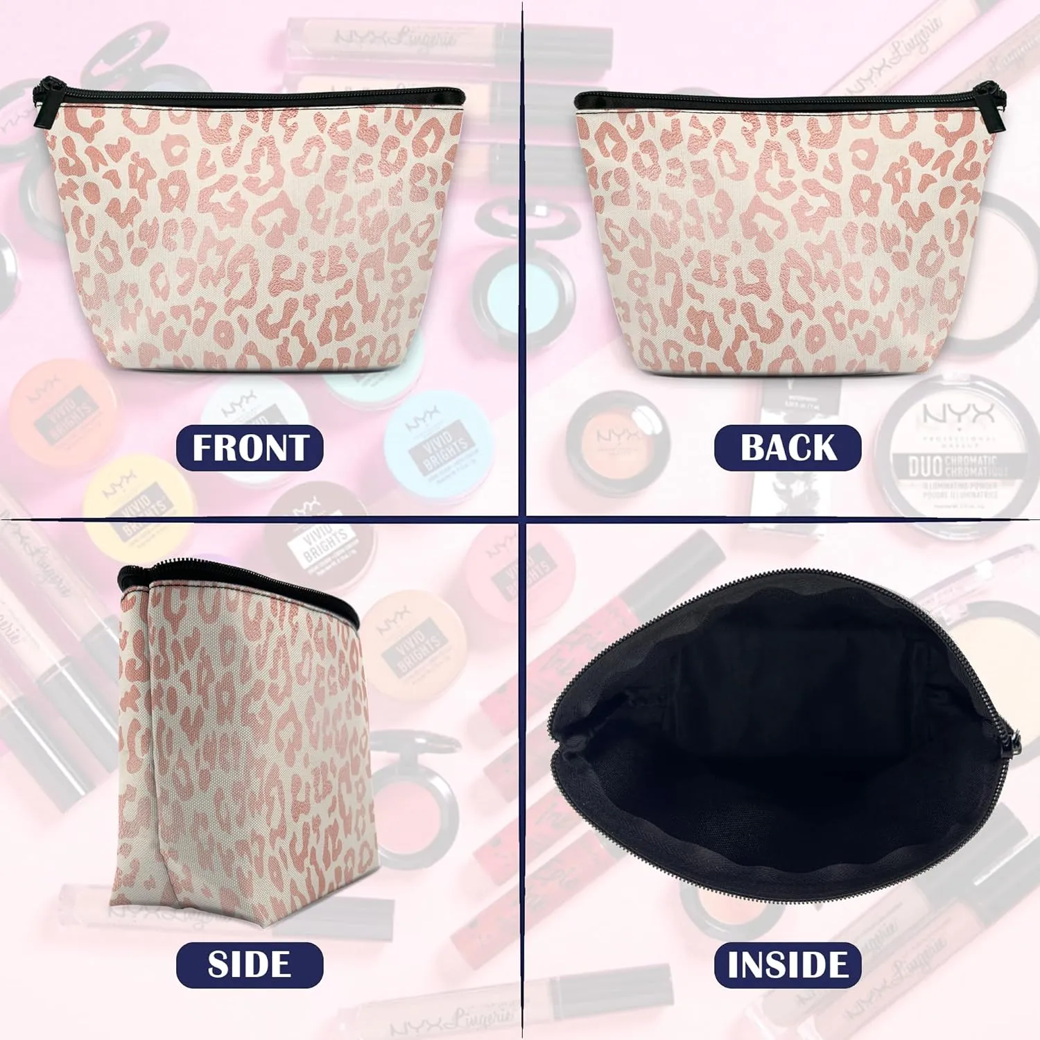 Rose Gold Leopard Makeup Bag for Purse, Waterproof Funny Cosmetic Bag for Women, Zipper Travel Toiletry Pouch Gift 9.55.9 Inch