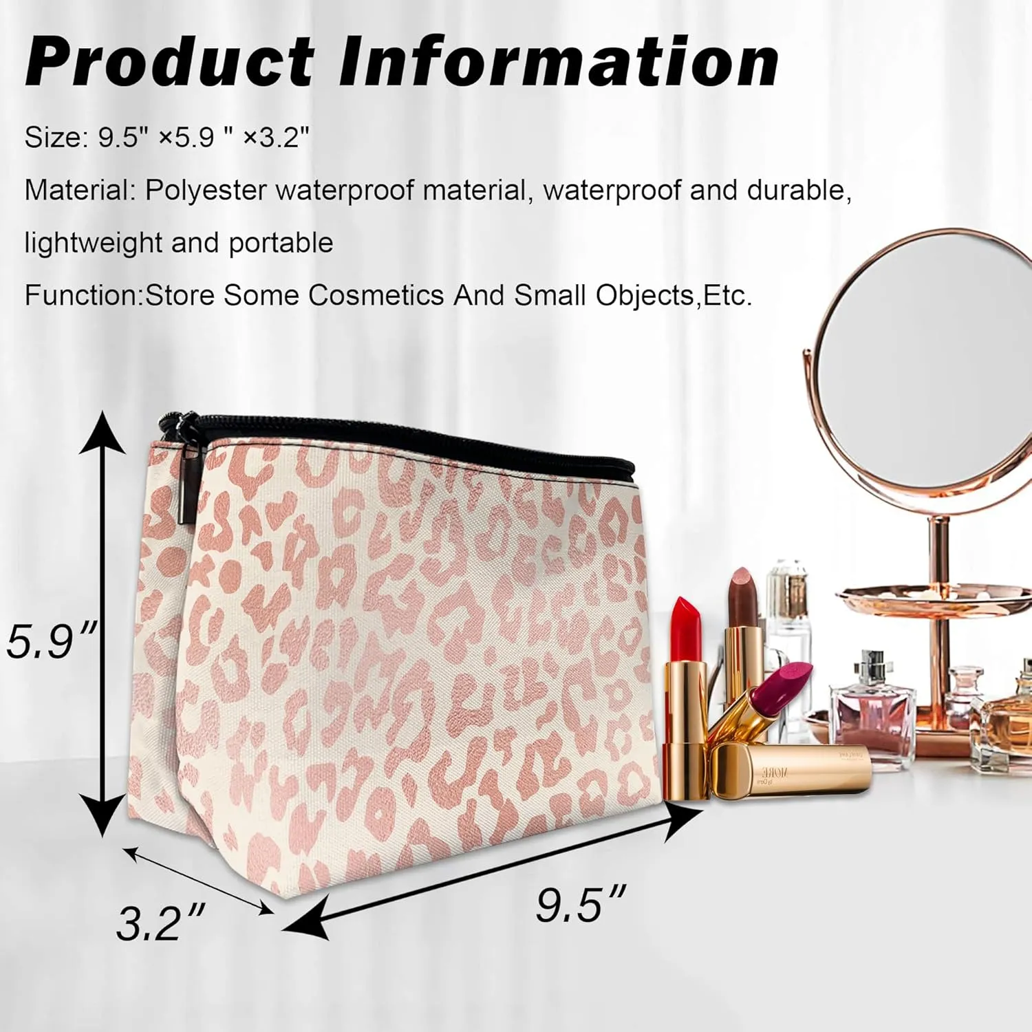 Rose Gold Leopard Makeup Bag for Purse, Waterproof Funny Cosmetic Bag for Women, Zipper Travel Toiletry Pouch Gift 9.55.9 Inch