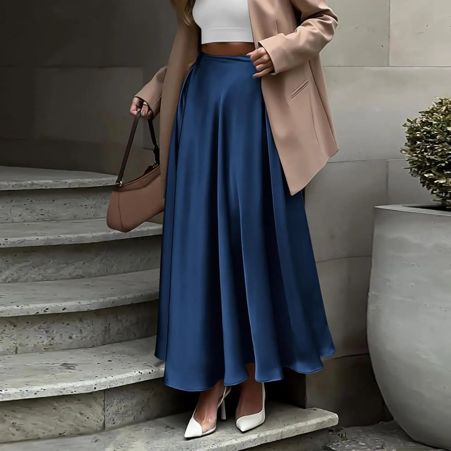 Satin Maxi Skirt Womens Long Skirts 2025 Summer Vacation Elastic High Waisted A Line Skirts Elegant Work Flowy Slip Skirt