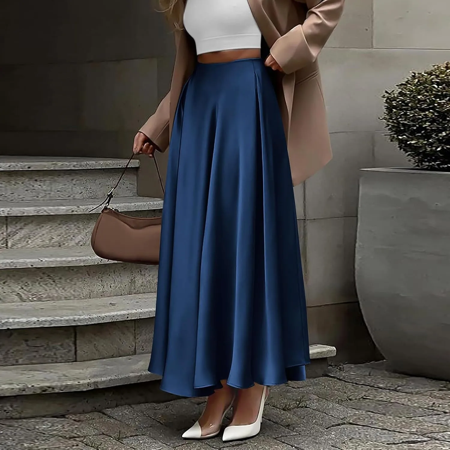 Satin Maxi Skirt Womens Long Skirts 2025 Summer Vacation Elastic High Waisted A Line Skirts Elegant Work Flowy Slip Skirt