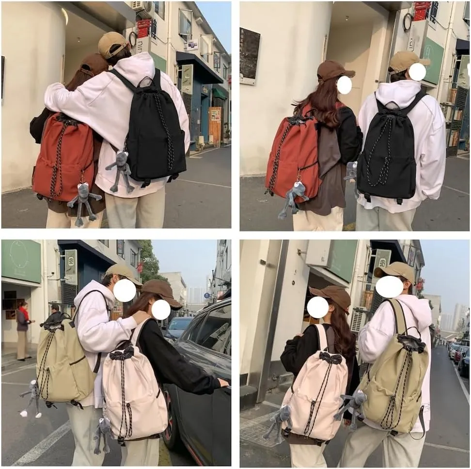 Selena Couple Backpack Drawstring Bucket Bag with pins and Accessories Aesthetic Big Capacity Travel Laptop Bag (Backpack,Beige)