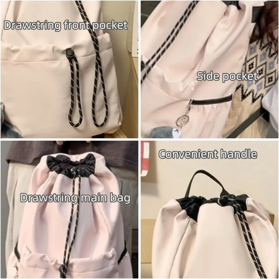 Selena Couple Backpack Drawstring Bucket Bag with pins and Accessories Aesthetic Big Capacity Travel Laptop Bag (Backpack,Beige)