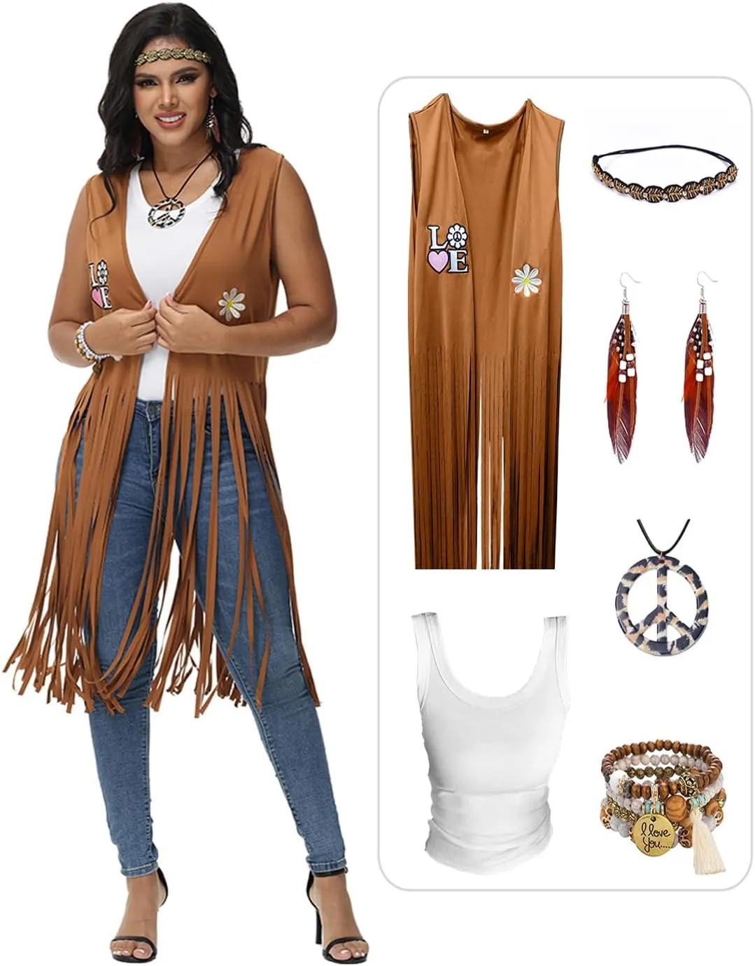 SENLI Hippie Clothes 60s 70s Outfits for Women Halloween Costume Fringe Vest 70's Disco Outfit Accessories