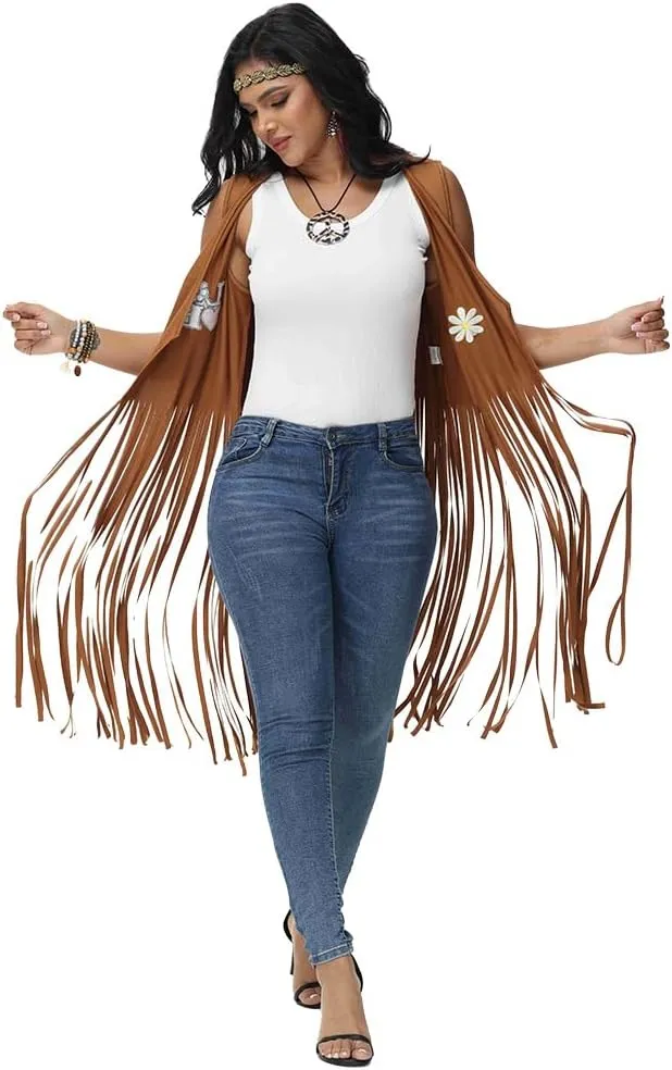 SENLI Hippie Clothes 60s 70s Outfits for Women Halloween Costume Fringe Vest 70's Disco Outfit Accessories