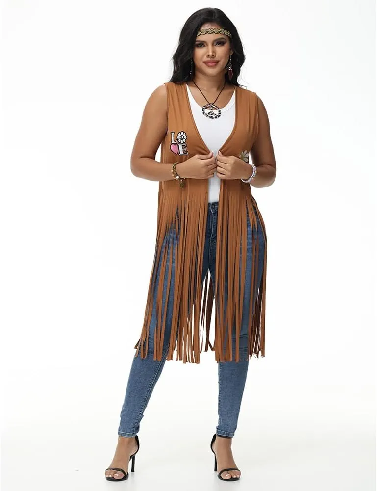 SENLI Hippie Clothes 60s 70s Outfits for Women Halloween Costume Fringe Vest 70's Disco Outfit Accessories