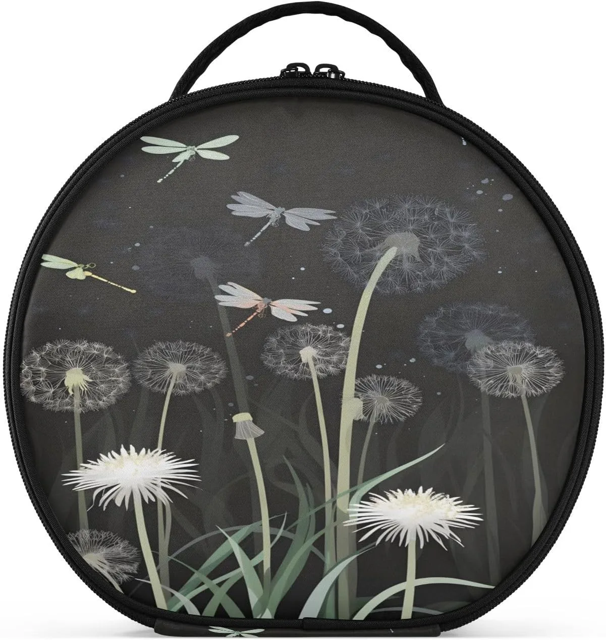 senya Round Cosmetic Pouch Travel Makeup Train Case Organizer Bag Portable Makeup Brushes Toiletry Jewelry Accessories Dandelion Dragonfly
