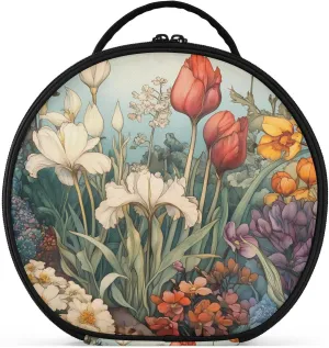 senya Round Cosmetic Pouch Travel Makeup Train Case Organizer Bag Portable Makeup Brushes Toiletry Jewelry Accessories Flowers