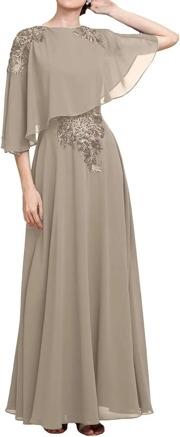 Sequins Lace Applique Flutter Chiffon Mother of The Bride Dresses with Capelet Mother of The Groom Dress for Wedding