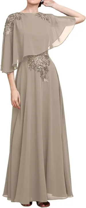Sequins Lace Applique Flutter Chiffon Mother of The Bride Dresses with Capelet Mother of The Groom Dress for Wedding