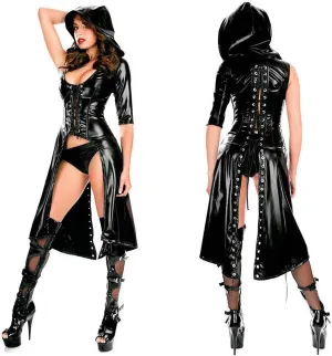 Sexy Women Latex Catsuit PVC Shiny Leather Long Trench Coat Ds Costume Faux Jumpsuit Wet Look Club Clothing (XL) Black