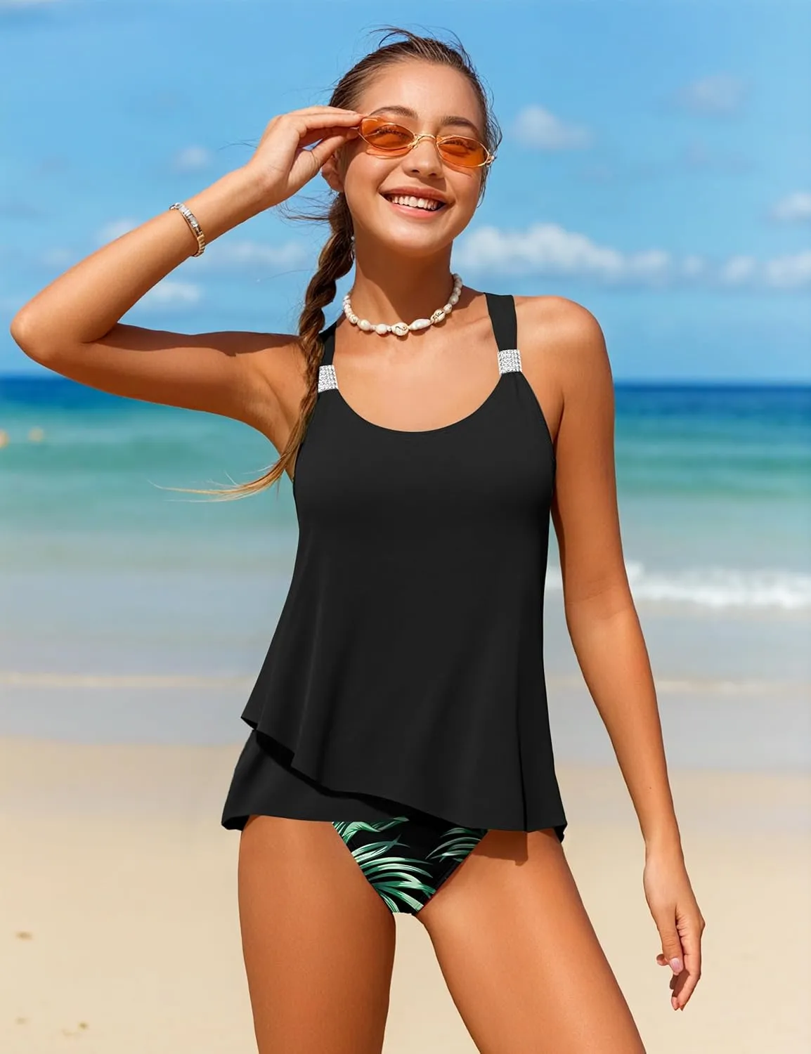 Shallmu Girls Swimsuits Two Piece Girls Bathing Suits Ruffle High Waisted Girls Tankini 9-16 Years Girls Swimwear