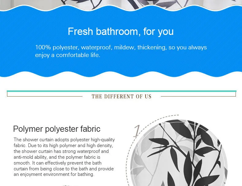 Simple 100% Polyester Shower Curtains 180x180cm Black Leaves Printed Waterproof Hooks Bathroom Curtains Home Decoration