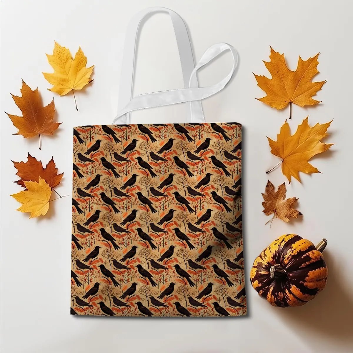 Single-Side Printed Fall Halloween Canvas Tote Bag for Women Pumpkin Autumn Thanksgiving Reusable Grocery Bags
