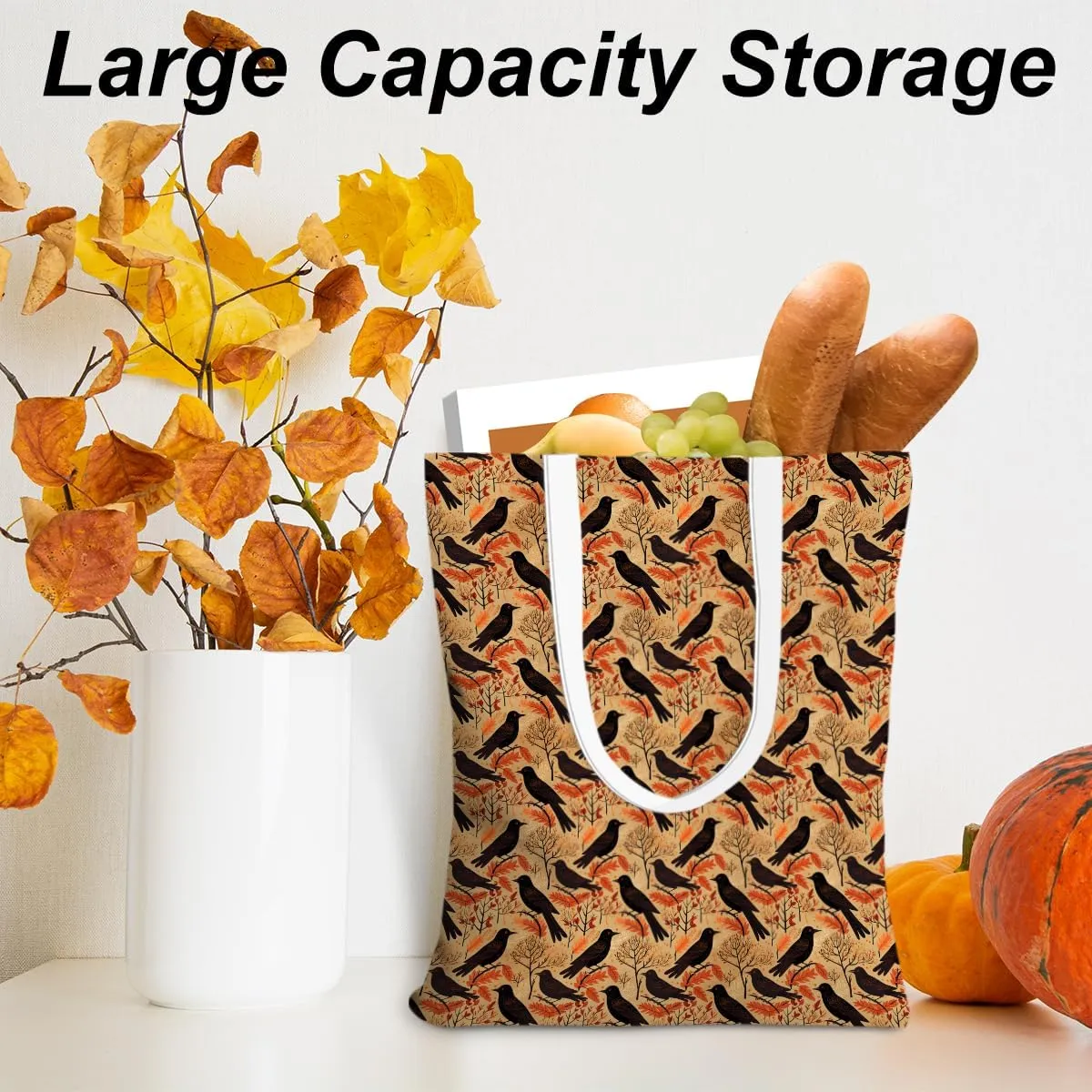 Single-Side Printed Fall Halloween Canvas Tote Bag for Women Pumpkin Autumn Thanksgiving Reusable Grocery Bags