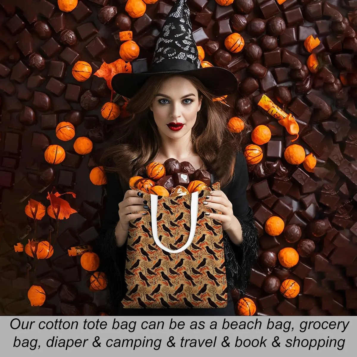 Single-Side Printed Fall Halloween Canvas Tote Bag for Women Pumpkin Autumn Thanksgiving Reusable Grocery Bags