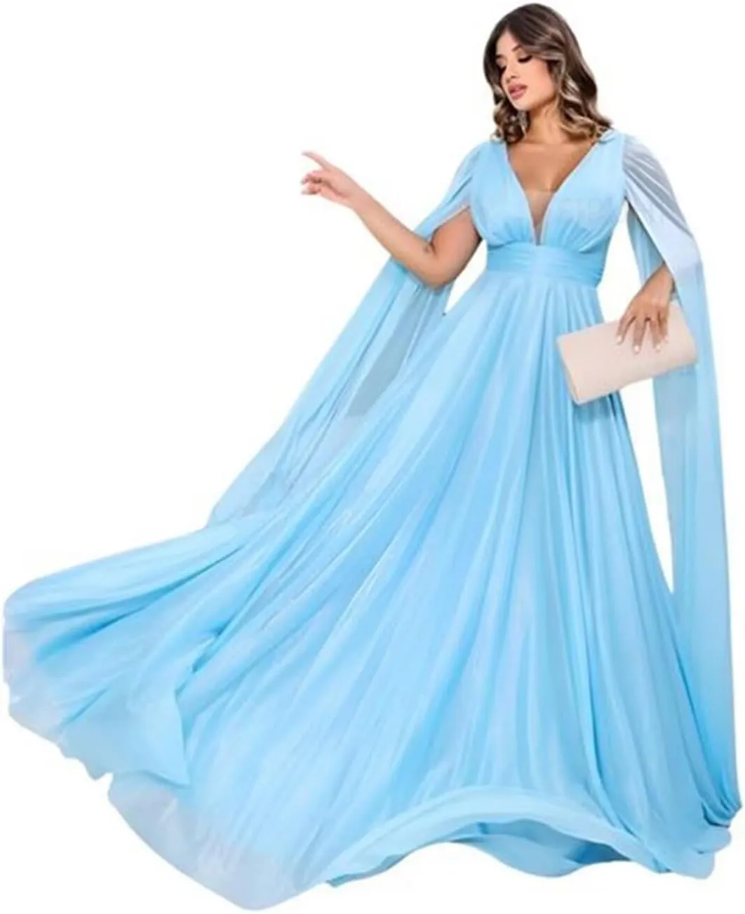 SIPUHK Cape Sleeve Bridesmaid Dresses for Women Pleated Chiffon Prom Dress Long Formal Evening Gown for Wedding Guest