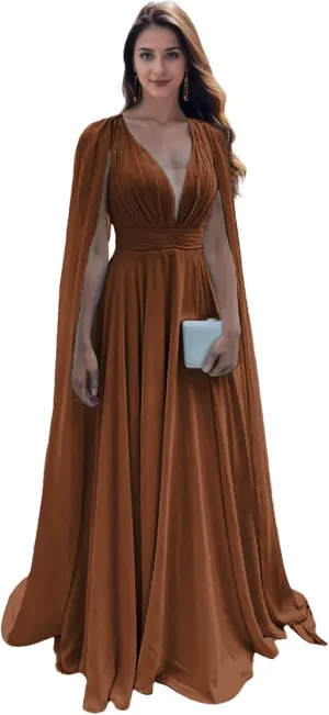 SIPUHK Cape Sleeve Bridesmaid Dresses for Women Pleated Chiffon Prom Dress Long Formal Evening Gown for Wedding Guest