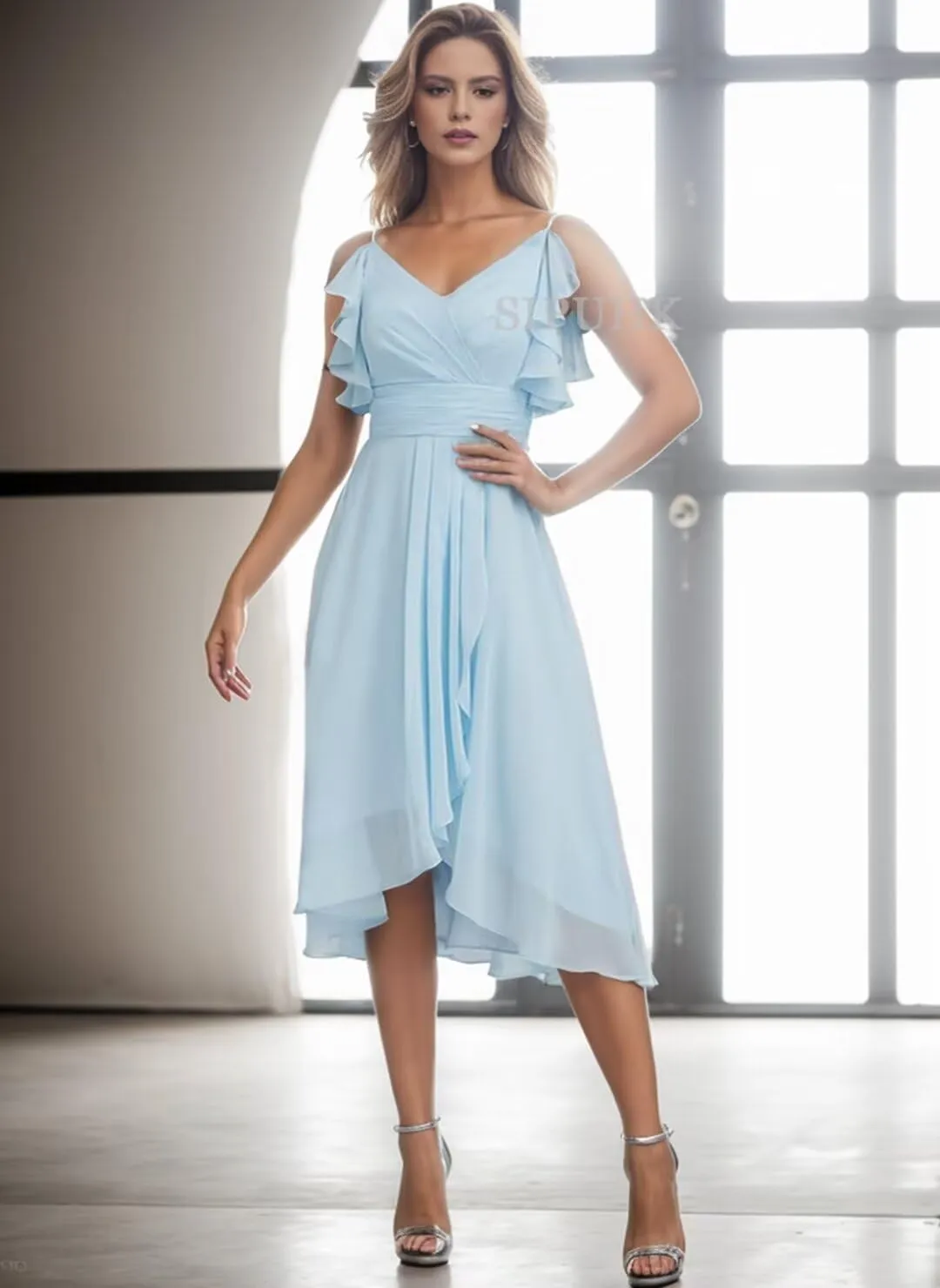 SIPUHK Short Bridesmaid Dresses for Wedding Spaghetti Straps Formal Dress High Low Chiffon Ruffle Evening Gowns for Women