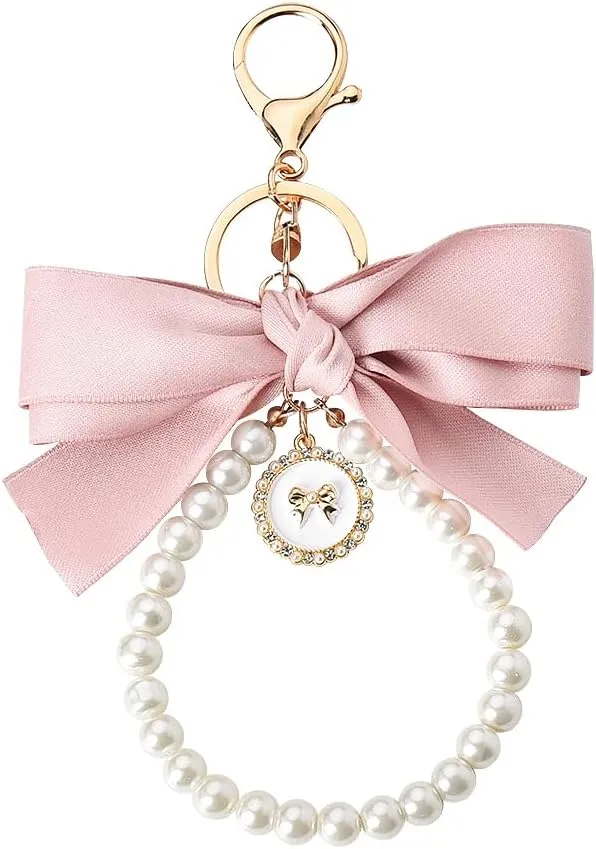 Sisadodo Bow Pearl Wristlet Keychain Bracelet Bowknot Bag Charm for Purse Backpack Pendant Bow Accessories for Women Girls