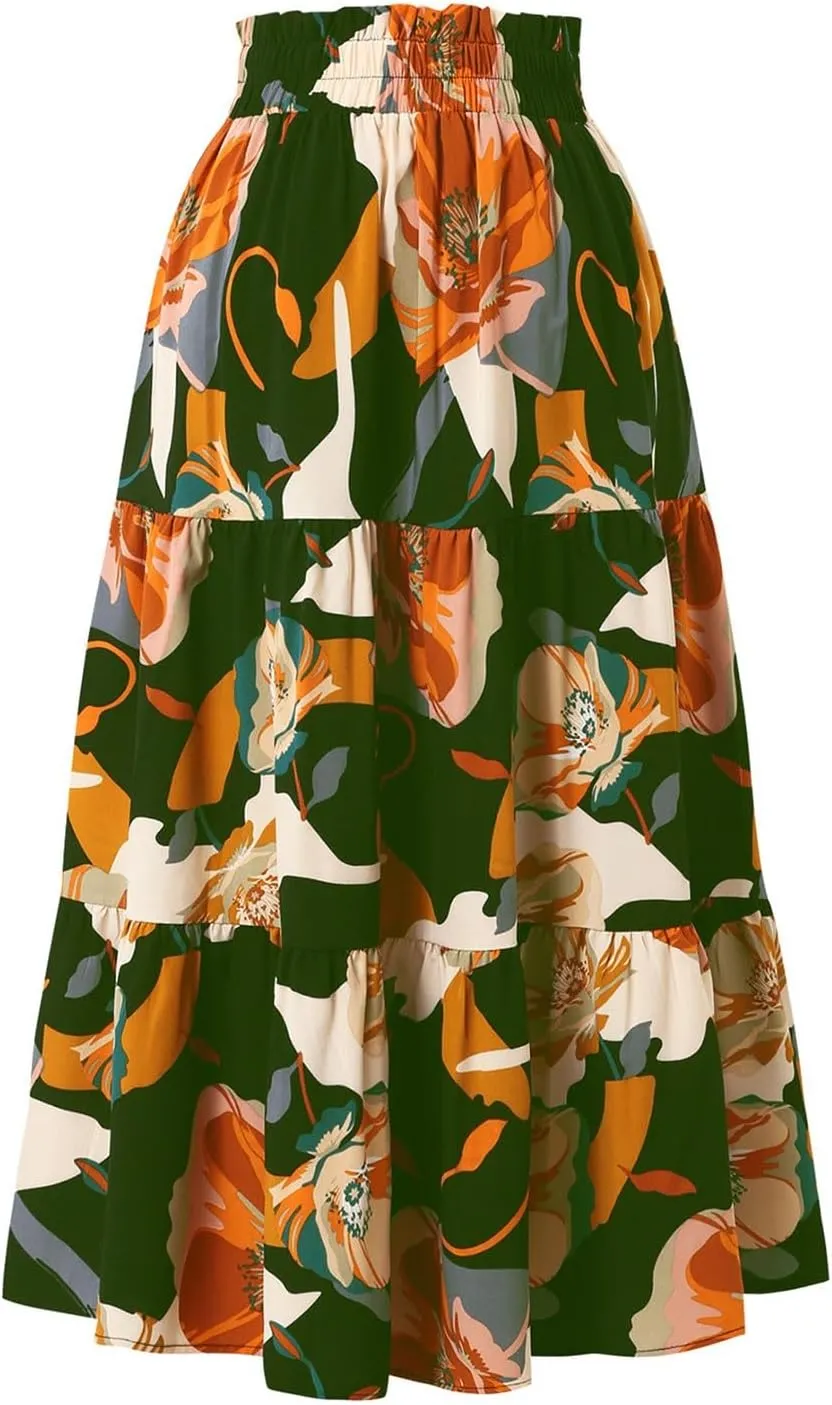 Skirts for Women Trendy Summer Tiered Elastic High Waisted Floral Skirt Vacation A Line Drawstring Flowy Long Skirts