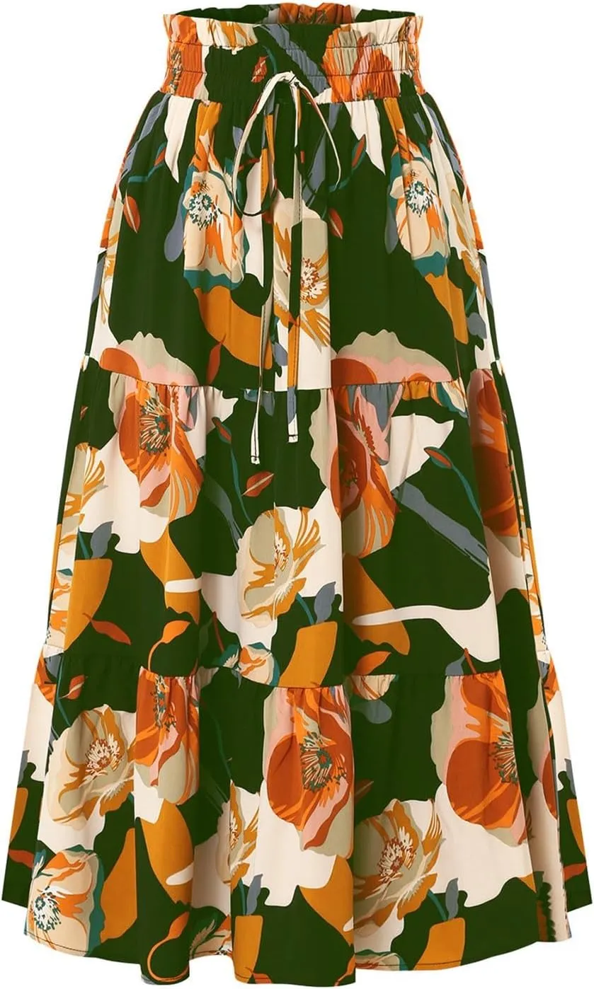 Skirts for Women Trendy Summer Tiered Elastic High Waisted Floral Skirt Vacation A Line Drawstring Flowy Long Skirts