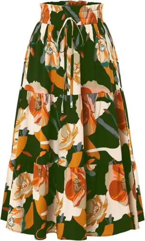 Skirts for Women Trendy Summer Tiered Elastic High Waisted Floral Skirt Vacation A Line Drawstring Flowy Long Skirts