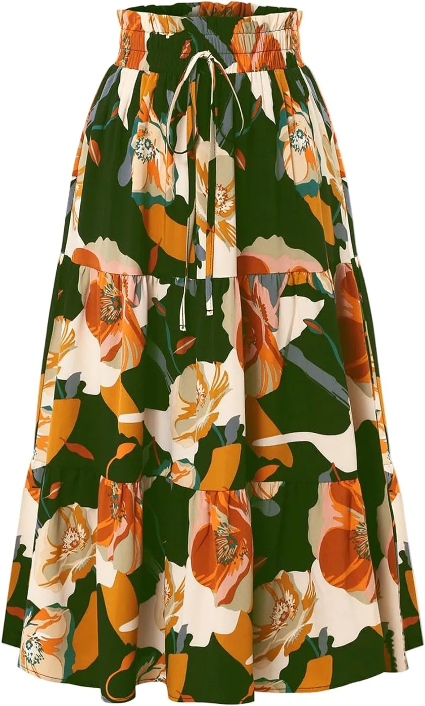 Skirts for Women Trendy Summer Tiered Elastic High Waisted Floral Skirt Vacation A Line Drawstring Flowy Long Skirts