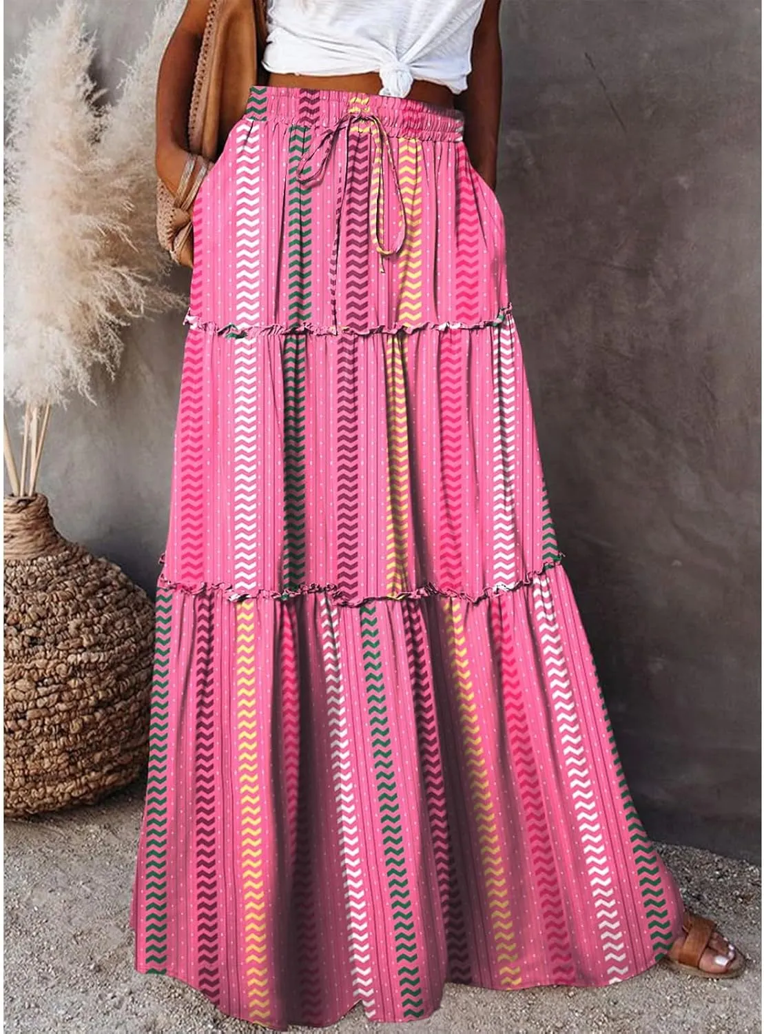 Skirts for Women,Trendy Womens Boho Maxi Skirt with Pockets Linen Flowy Long Skirts 2025 Elastic High Waisted