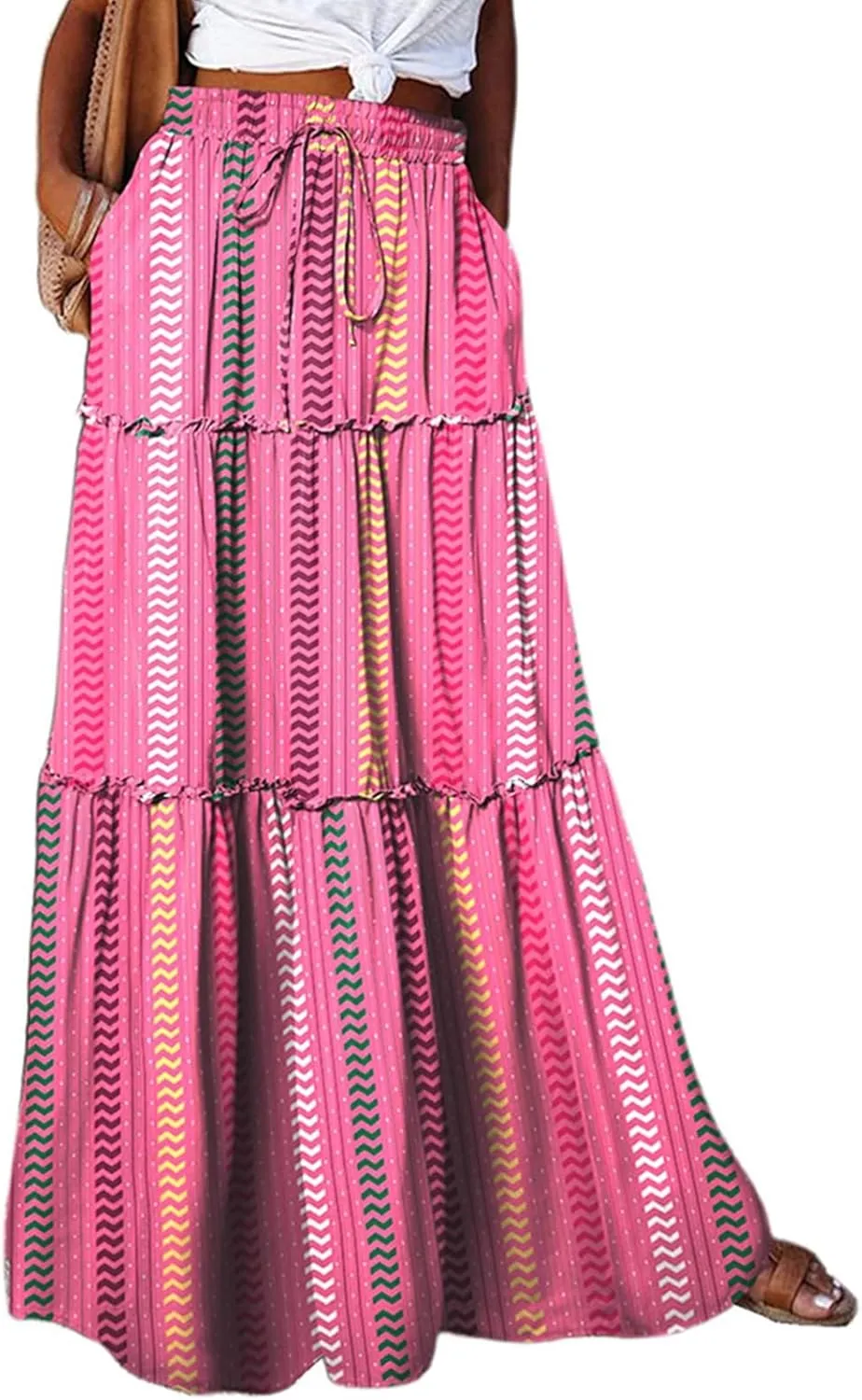 Skirts for Women,Trendy Womens Boho Maxi Skirt with Pockets Linen Flowy Long Skirts 2025 Elastic High Waisted