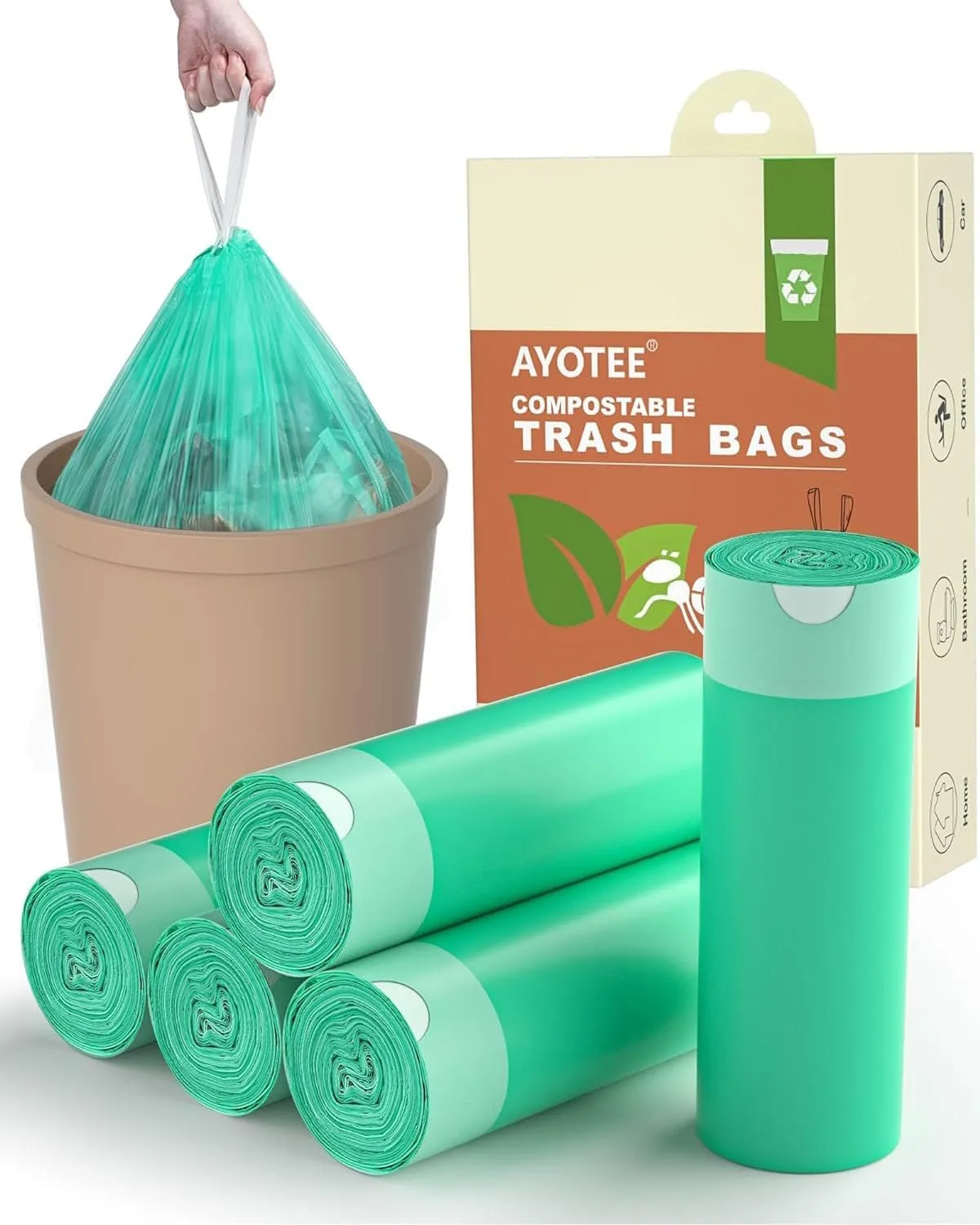 Small Compost Bags 1.2 Gallon 125 Count, AYOTEE Drawstring Mini Trash Bag, Strong Compostable Trash Bags Small Bathroom Trash Bags for Home Kitchen Office Fit 4.5-5 Liter Trash Can, 1-1.5 Gal