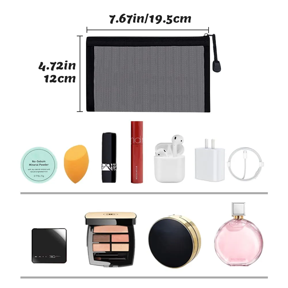 Small Mesh Cosmetic Bags, 6pcs Nylon Makeup Pouches with Zipper for Home Office Purse Diaper Bag (Black)