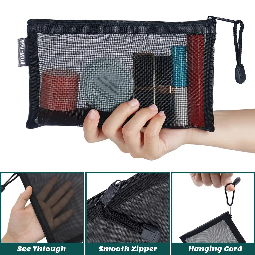 Small Mesh Cosmetic Bags, 6pcs Nylon Makeup Pouches with Zipper for Home Office Purse Diaper Bag (Black)