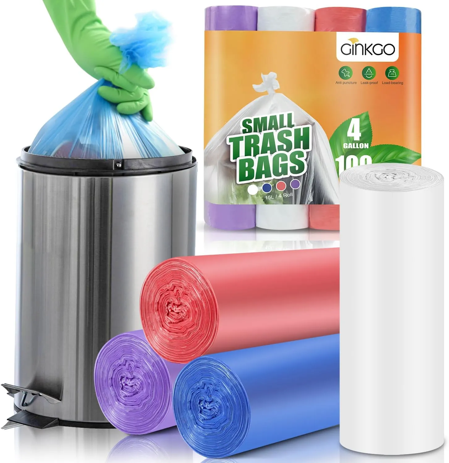 Small Trash Bags 4 Gallon Bathroom Garbage Bags - 100 Count, 4 Colors, Clear Unscented Plastic Mini Trash Bags for Kitchen, Waste Baskets, Office, Bedroom and Car - Bulk Little Garbage Can Liners