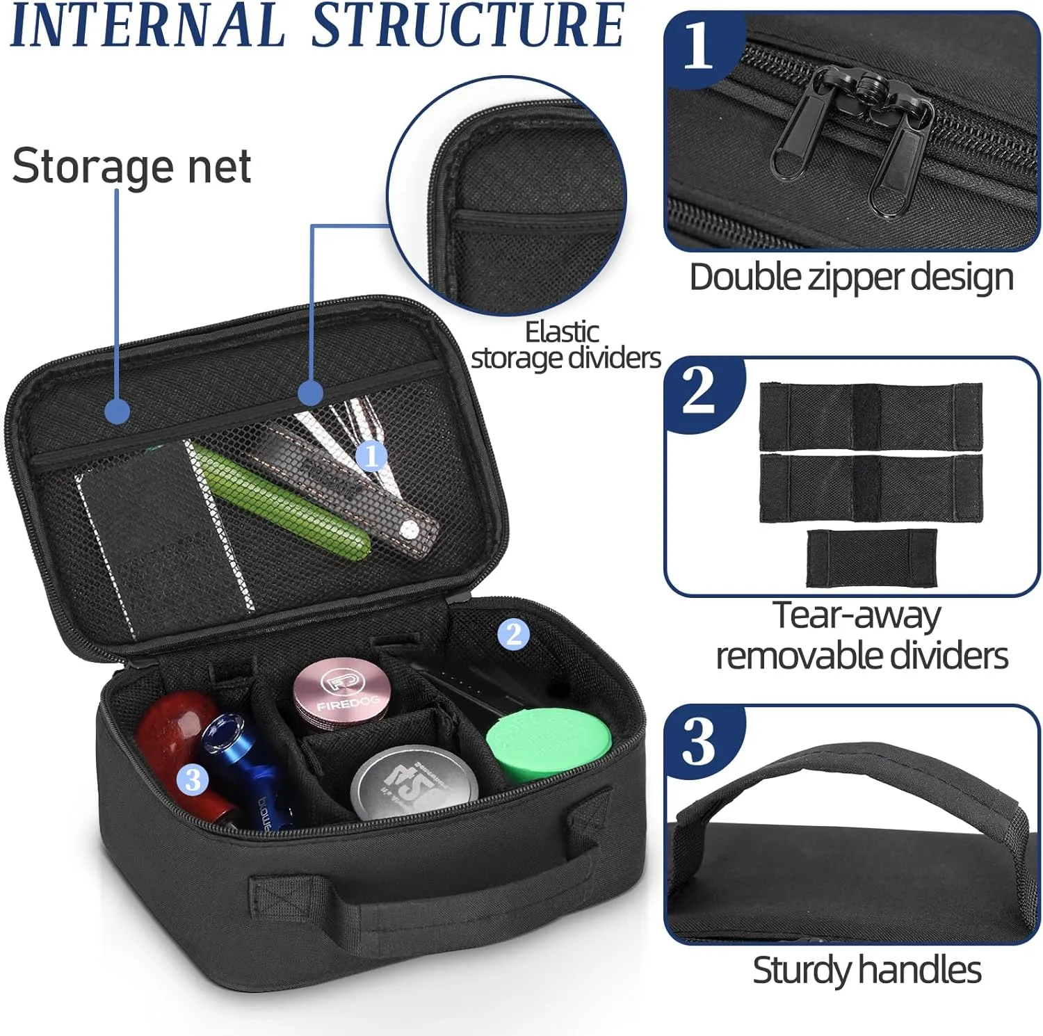 Small Zipper Storage Bag, Travel Waterproof Storage Bag with Three Removable Dividers, Grey