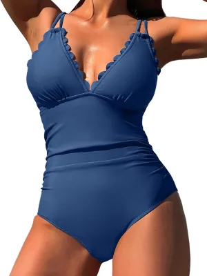 SOCIALA Scalloped One Piece Swimsuit Women Ruched Tummy Control Bathing Suit Cut Out Monokini Swimwear