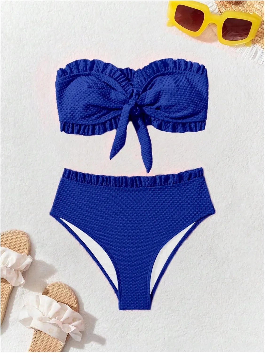 SOLY HUX Women's Ruffle Strapless Bikini Set 2 Piece Bandeau Swimsuit High Waist Bathing Suits