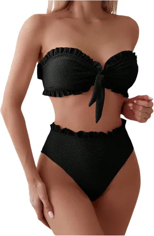 SOLY HUX Women's Ruffle Strapless Bikini Set 2 Piece Bandeau Swimsuit High Waist Bathing Suits