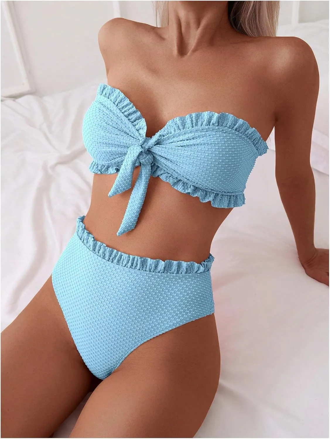 SOLY HUX Women's Ruffle Strapless Bikini Set 2 Piece Bandeau Swimsuit High Waist Bathing Suits
