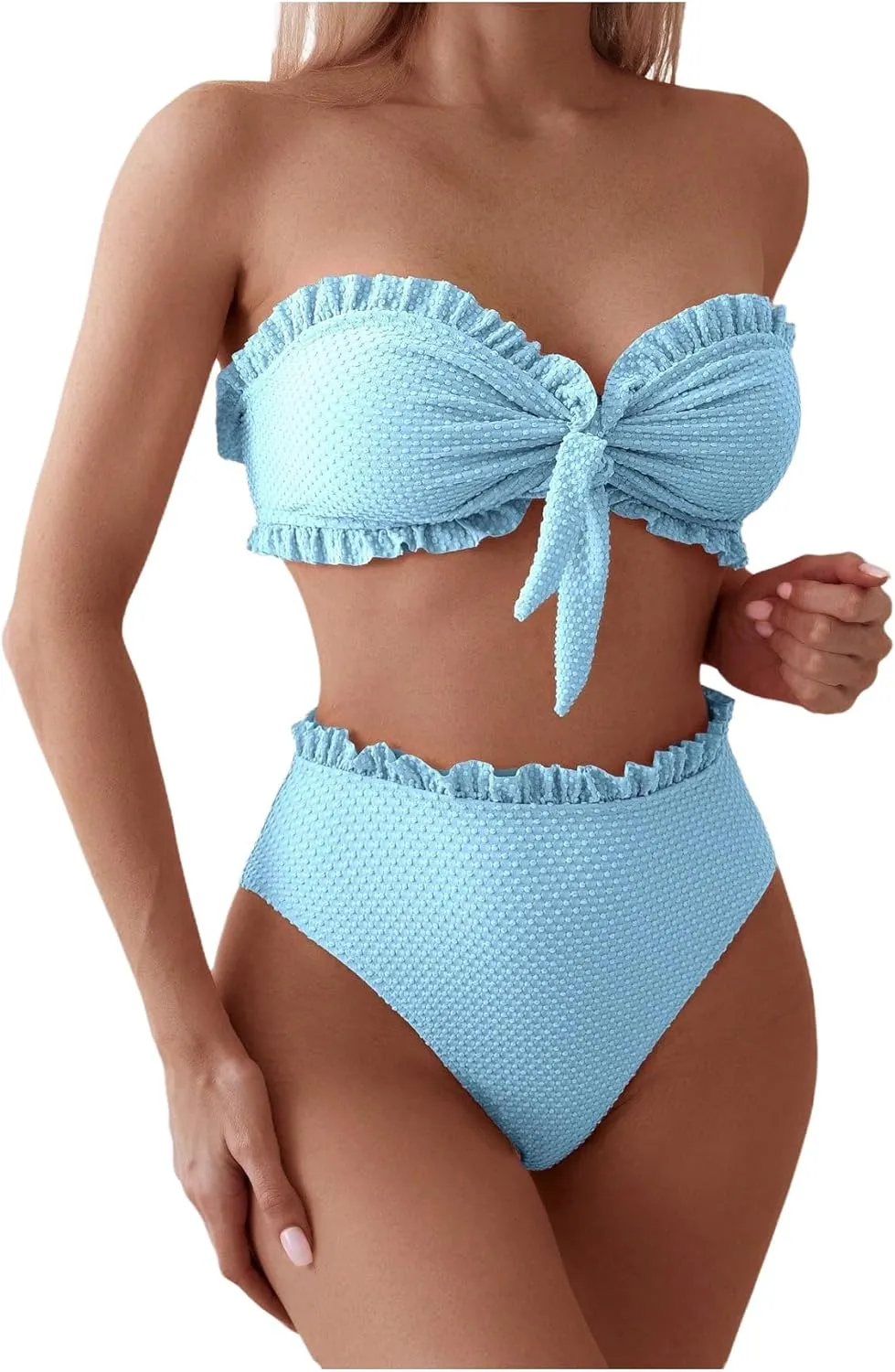 SOLY HUX Women's Ruffle Strapless Bikini Set 2 Piece Bandeau Swimsuit High Waist Bathing Suits