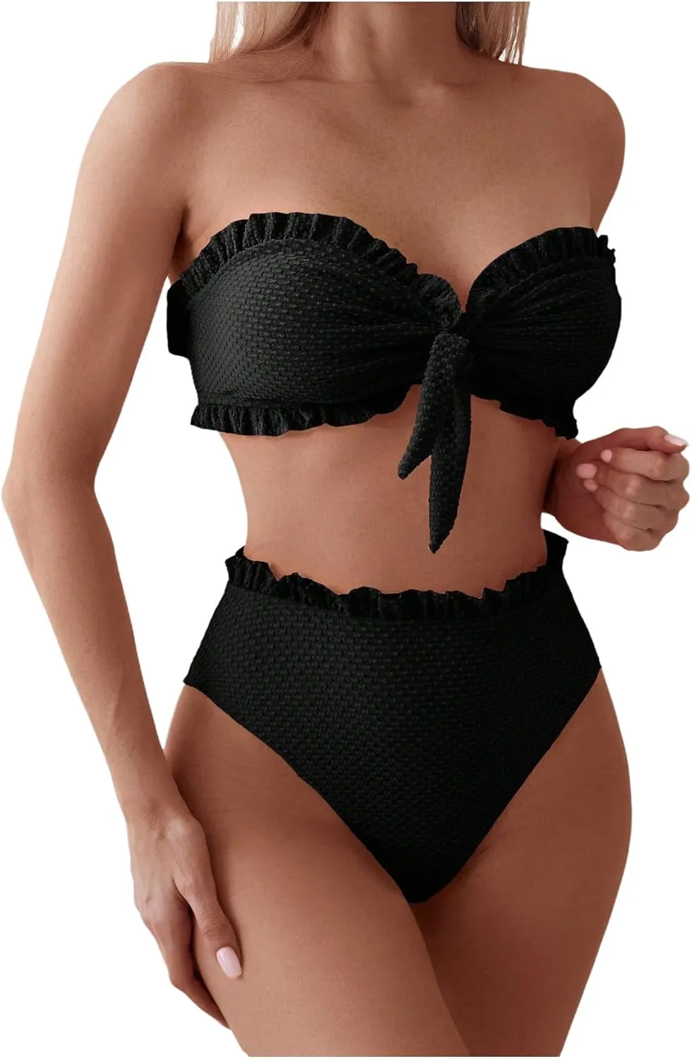 SOLY HUX Women's Ruffle Strapless Bikini Set 2 Piece Bandeau Swimsuit High Waist Bathing Suits