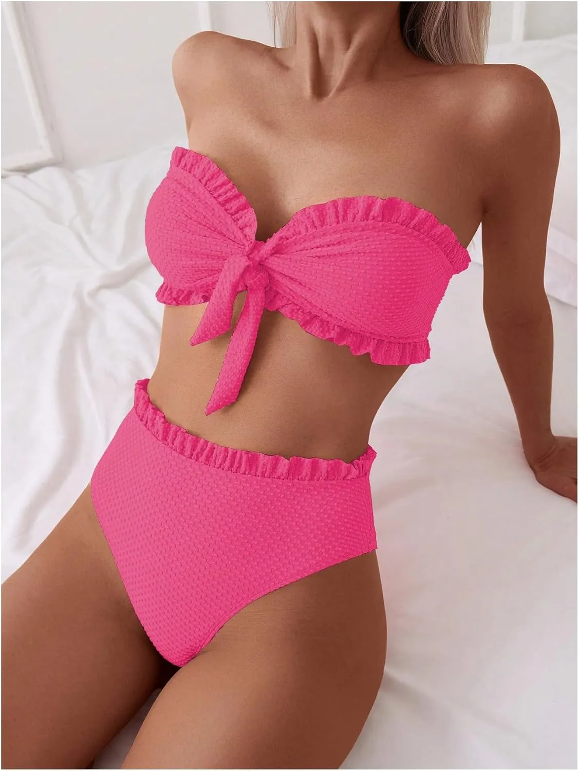 SOLY HUX Women's Ruffle Strapless Bikini Set 2 Piece Bandeau Swimsuit High Waist Bathing Suits
