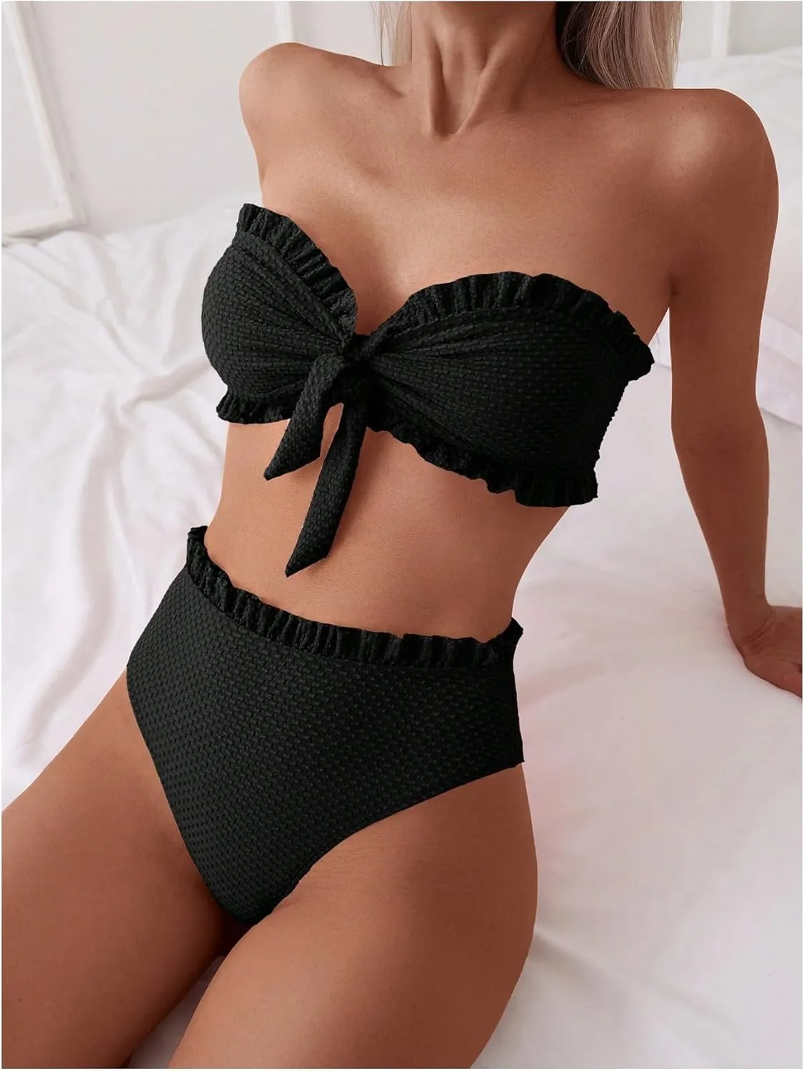 SOLY HUX Women's Ruffle Strapless Bikini Set 2 Piece Bandeau Swimsuit High Waist Bathing Suits